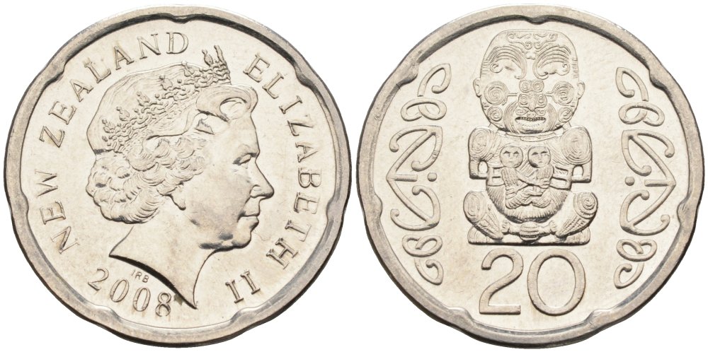 Новая Зеландия 20 центов 2008 Елизавета II (1952-2022), идол Пукаки KM 118а никелированная сталь 4579-1232