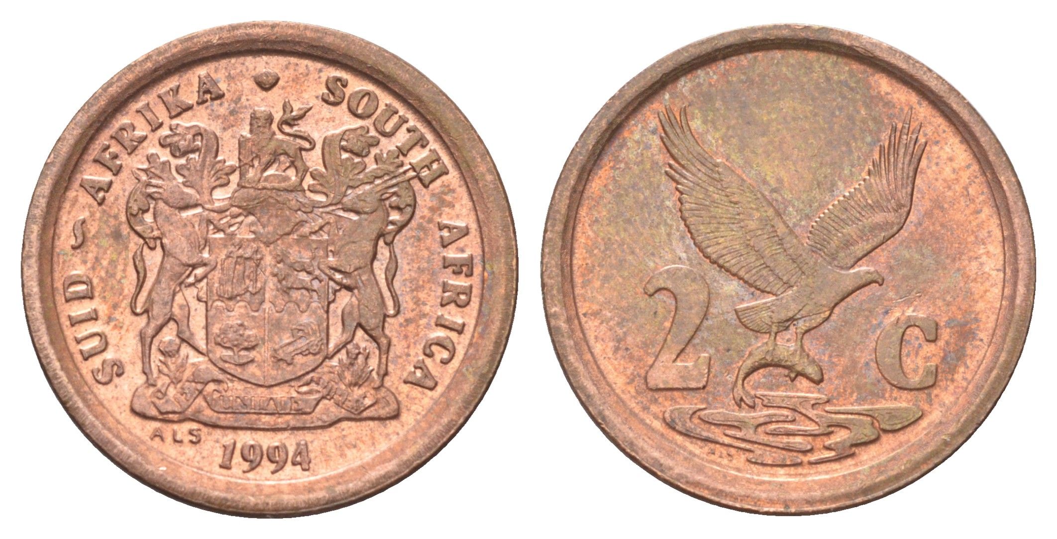 ЮАР 2 цента 1994 орел с рыбой KM 133 сталь плакированная медью UNC 4696-942
