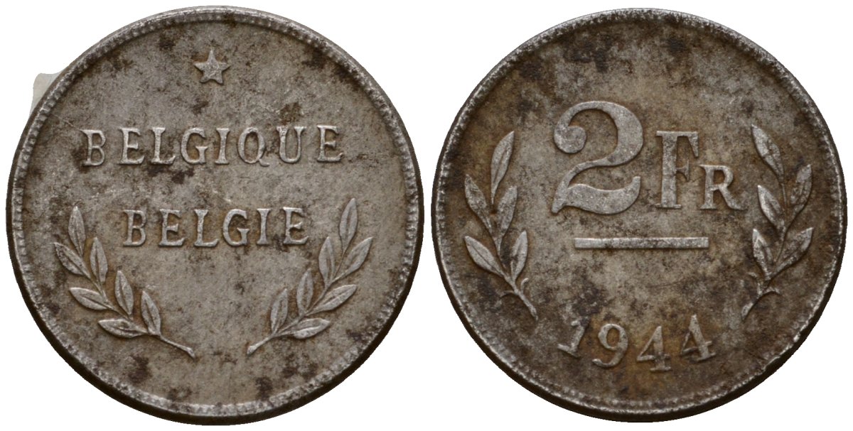Бельгия 2 франка 1944 Belgique KM 133 сталь плакированная цинком 67-1126