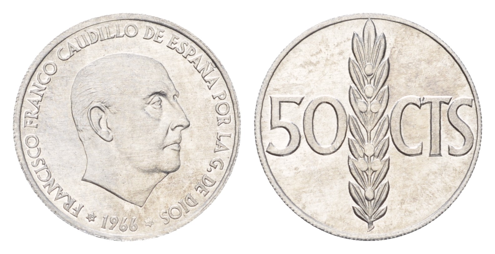 Испания 50 сентимо 1966 (1968) Франсиско Франко (1939-1975) KM 795 алюминий  UNC  M73-08