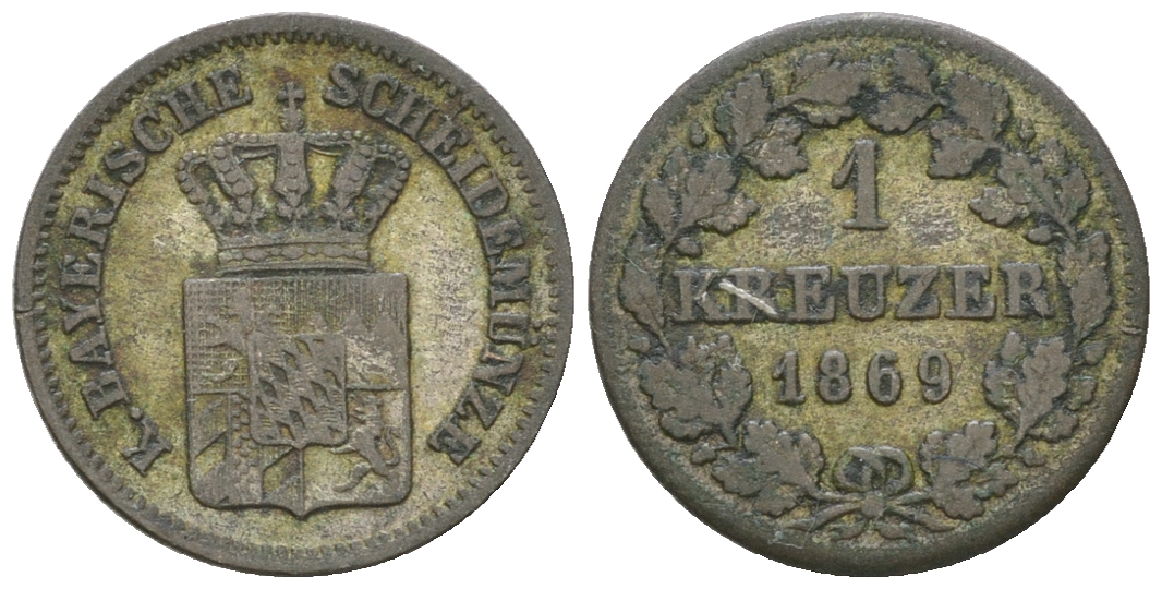 Бавария 1 крейцер 1869 Людвиг II (1864-1886) KM 873, AKS 183 серебро 54-829