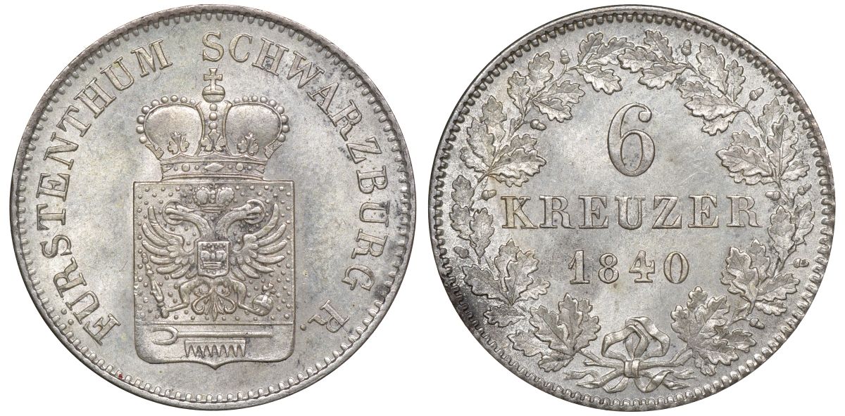 Шварцбург-Рудольштадт 6 крейцеров 1840 Фридрих Гюнтер (1807-1867) KM 162 серебро  UNC  00-811-18