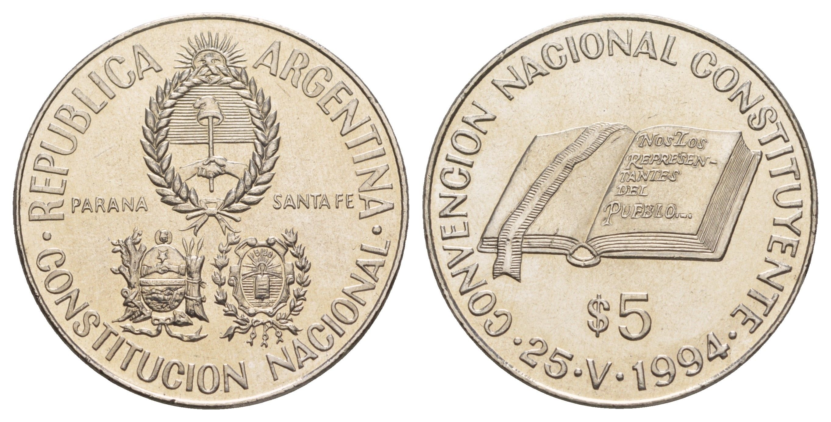 Аргентина 5 песо 1994 Национальное Учредительное собрание KM 115 медно-никель BU 4537-614