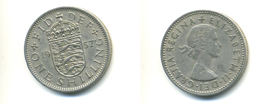 Великобритания 1 шиллинг 1957 Елизавета II (1952-2022), Английский герб KM 904, Spink 4147 медно-никель 59-825