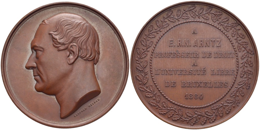 Бельгия медаль 1864 E. R. N. Arntz профессор брюссельского университета, медальер Leopold Viener, диаметр 60 мм. Wiener.22 бронза    1089-4-22