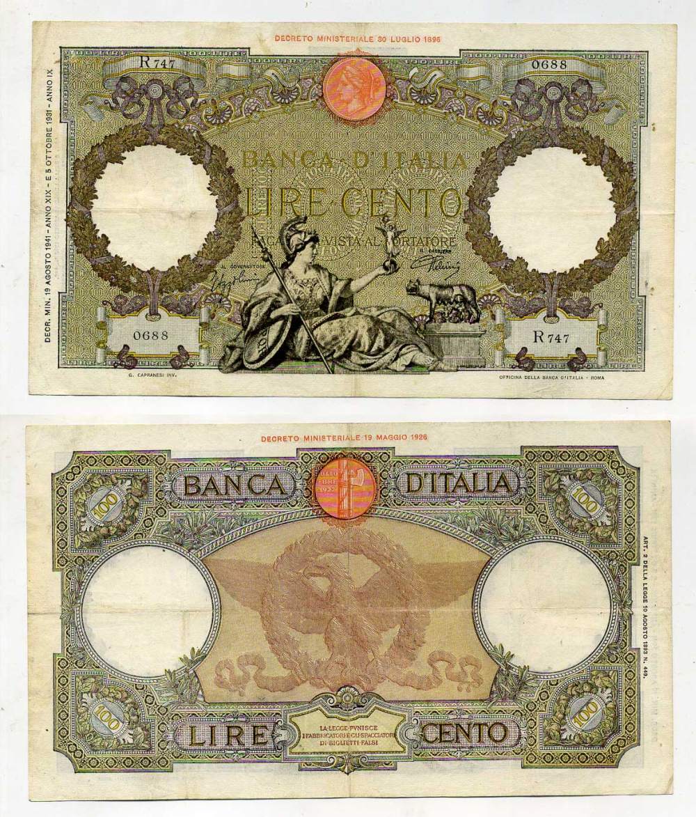 Италия 100 лир 1941 19 августа 1941 Pick 55b, Grapanzano 252B бумага 451-218-1
