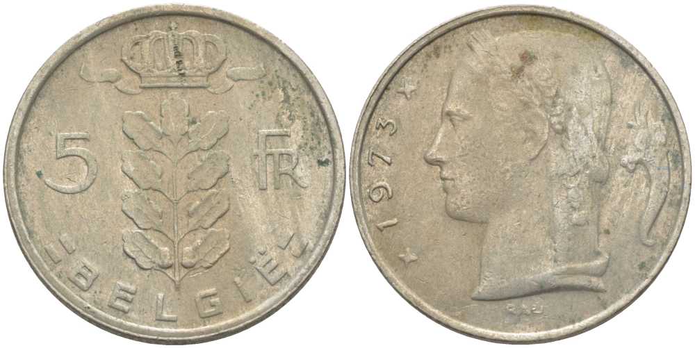 БЕЛЬГИЯ 5 ФРАНКОВ 1973 BELGIE, БОДУЭН I (1951-1993) KM 135.1 медно-никель 119-822