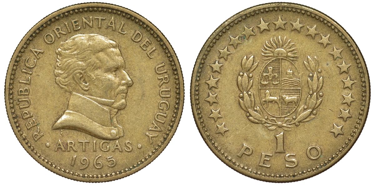 Уругвай 1 песо 1965 KM 46 алюминиевая бронза 24-745
