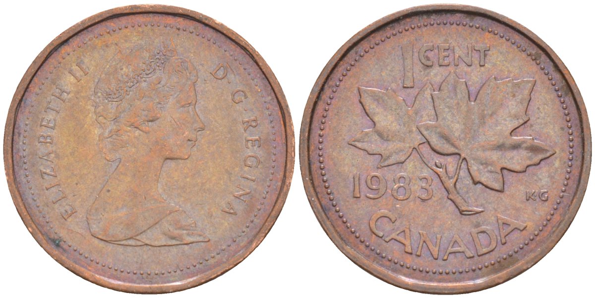 Канада 1 цент 1983 кленовый лист, Елизавета II KM 132 бронза 187-416