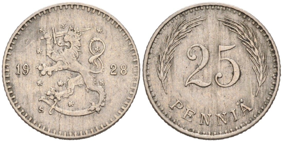 ФИНЛЯНДИЯ 25 ПЕННИ 1928 S KM 25 медно-никель 192-1154