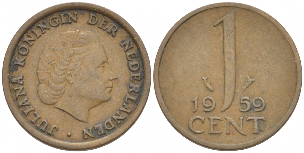 НИДЕРЛАНДЫ 1 ЦЕНТ 1959 ЮЛИАНА KM 180 бронза 3955-244