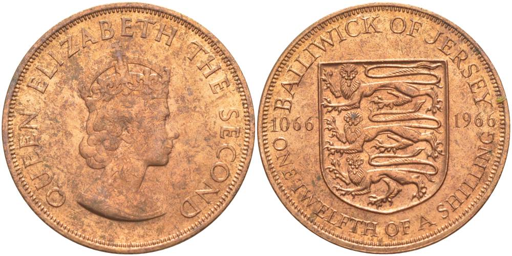 Джерси 1/12 шиллинга 1966 900 лет Нормандскому завоеванию KM 26 бронза UNC 4542-645