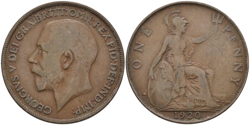 Великобритания 1 пенни 1920 Георг V (1910-1936) KM 810, Spink 4051 бронза 4572-1241