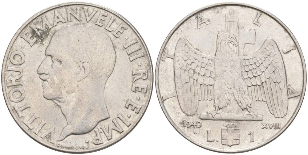 ИТАЛИЯ 1 ЛИРА 1940 R, ГОД XVIII, ВИКТОР ЭММАНУИЛ III (1900-1946), немагнитная, ГУРТ РИФЛЁНЫЙ KM 77а, VEM3. 1100 a) нержавеющая сталь 3855-333