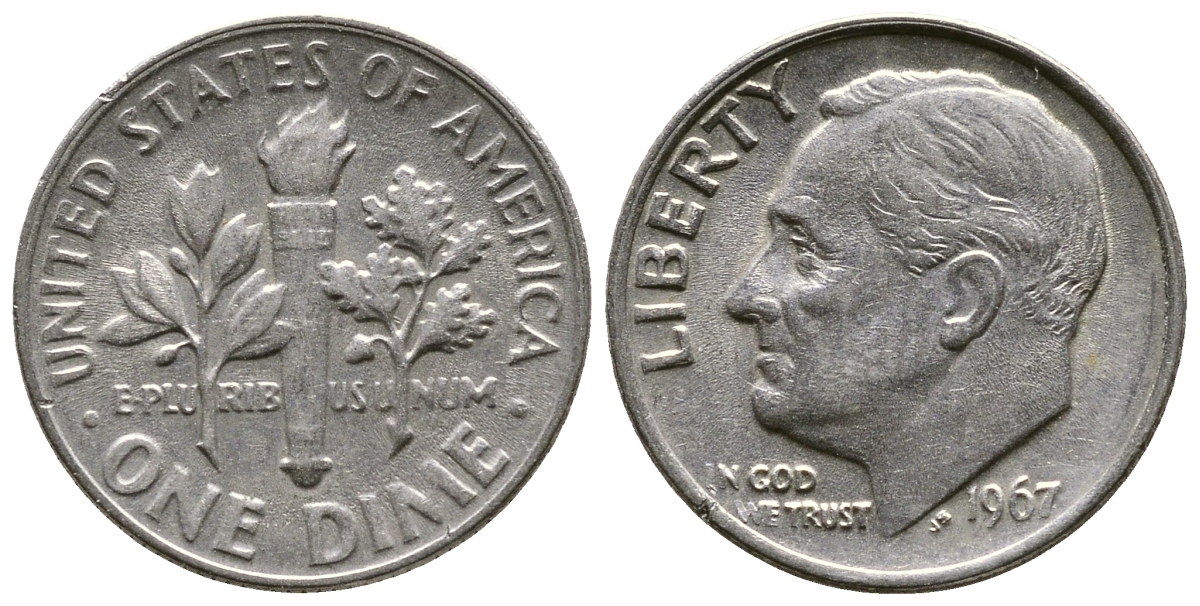 США 10 центов (дайм) 1967 Рузвельт KM 195а медь плакированная медно-никелем 08-1363