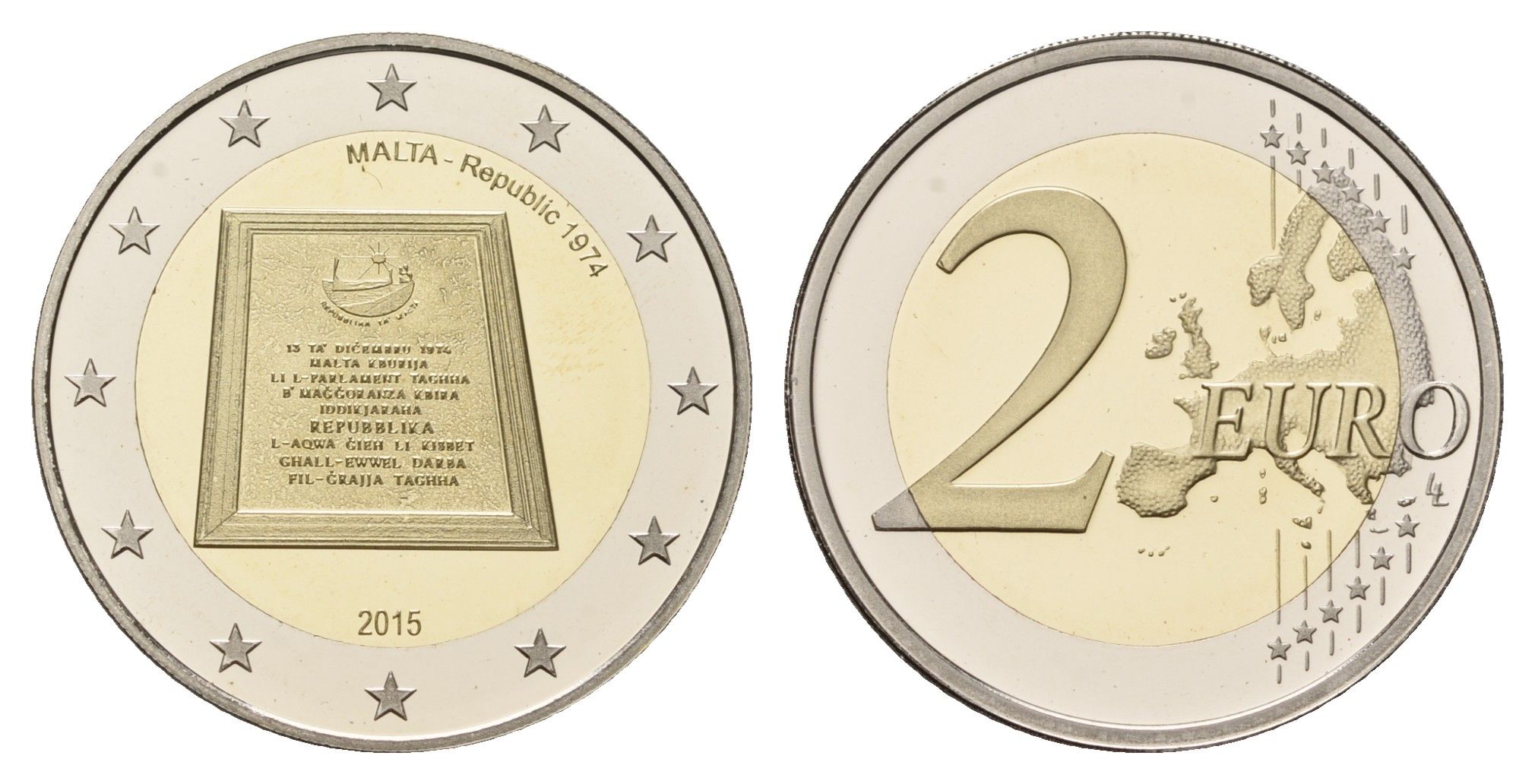 Мальта 2 евро 2015 Конституция Мальты - Республика 1974 года, в оригинальной коробке, с сертификатом, тираж 5.000 экземпляров KM 167 биметалл PROOF 8-2-07-20