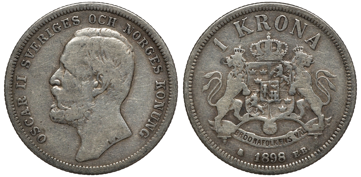 Швеция 1 крона 1898 EB, Оскар II (1872-1907) король Швеции и Норвегии KM 760 серебро 4178-517