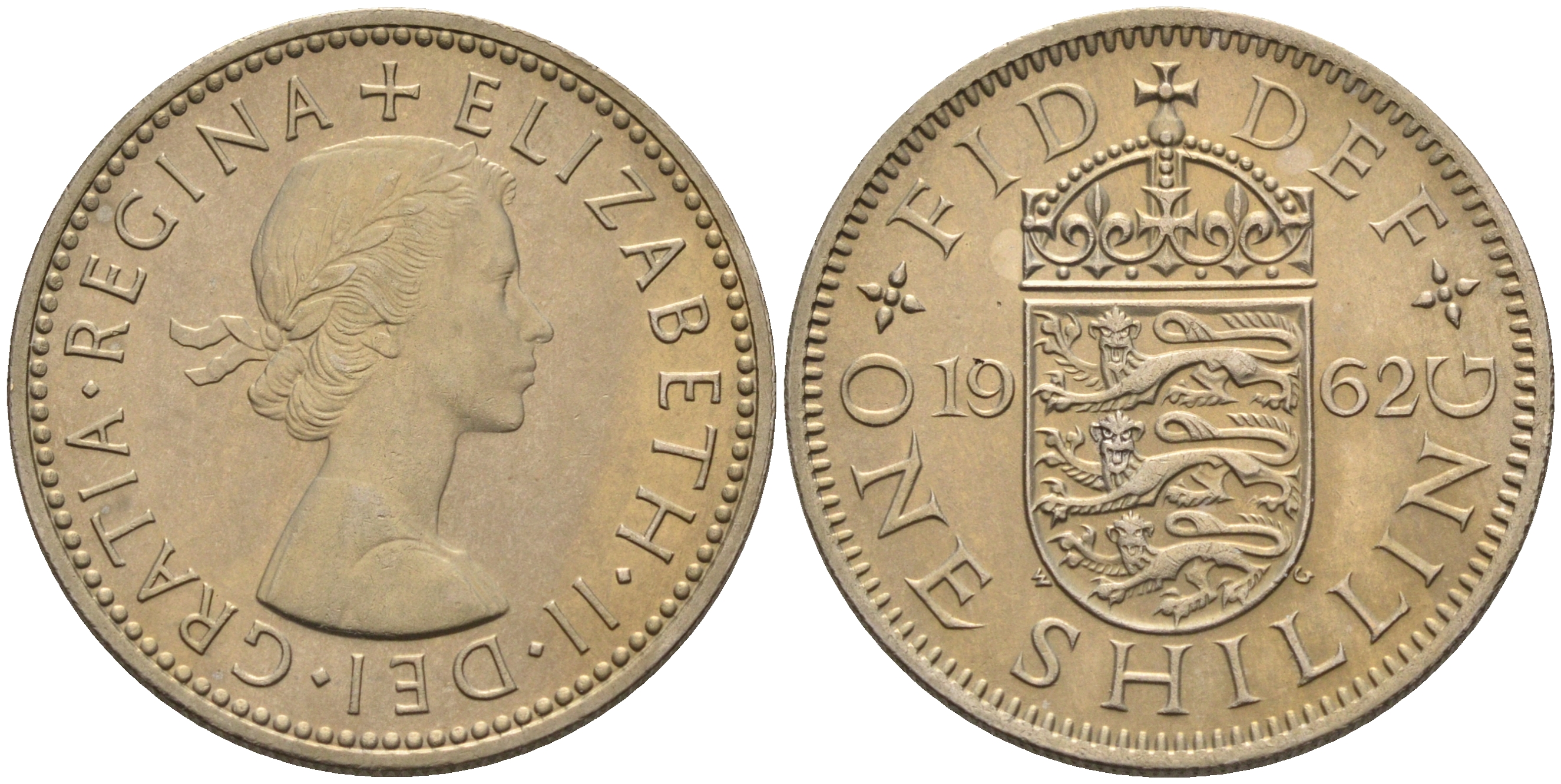 Великобритания 1 шиллинг 1962 Елизавета II (1952-2022), Английский герб KM 904, Spink 4147 медно-никель 4592-314