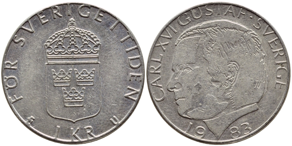 Швеция 1 крона 1983 Карл XVI Густав (1973- ) KM 852a медно-никель 4397-1122