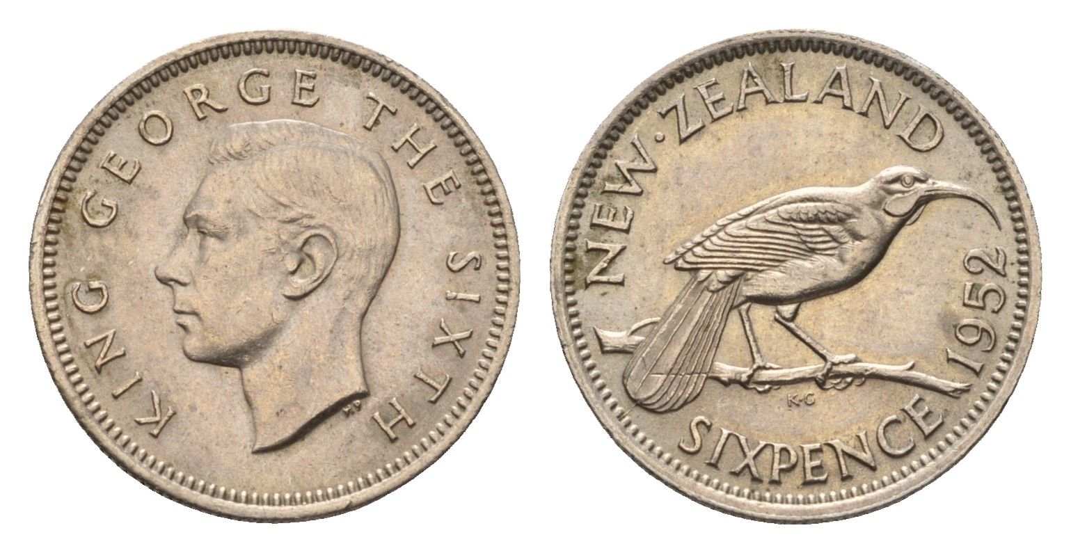 Новая Зеландия 6 пенсов 1952 Георг VI (1936-1952), разноклювая гуйя KM 16 медно-никель aUNC 39-1218