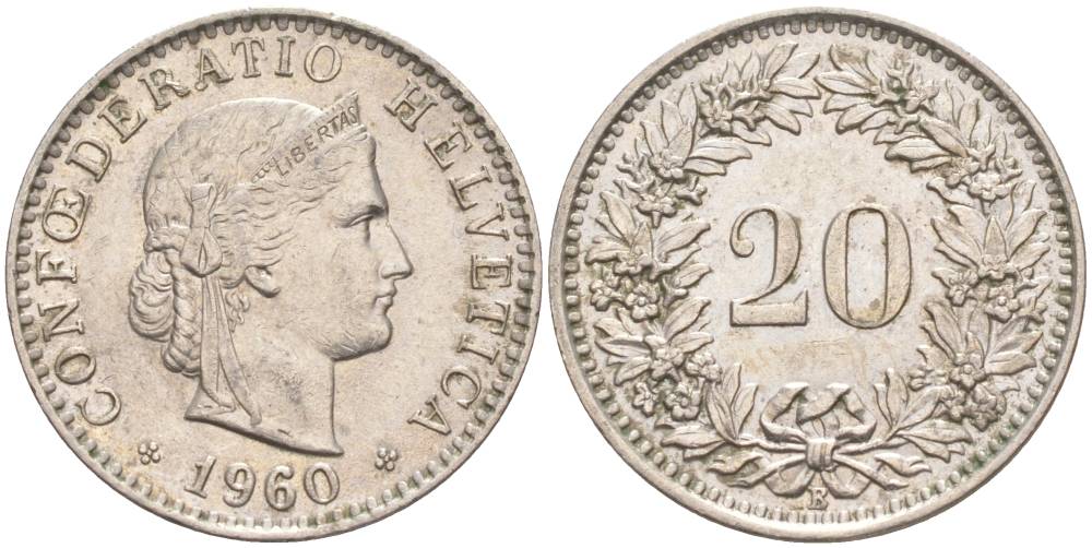 Швейцария 20 раппенов 1960 В KM 29a медно-никель 55-753