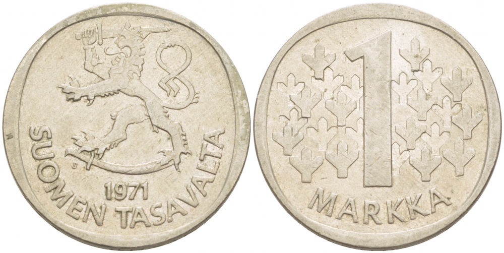 ФИНЛЯНДИЯ 1 МАРКА 1971 S КМ 49a медно-никель 213-1232