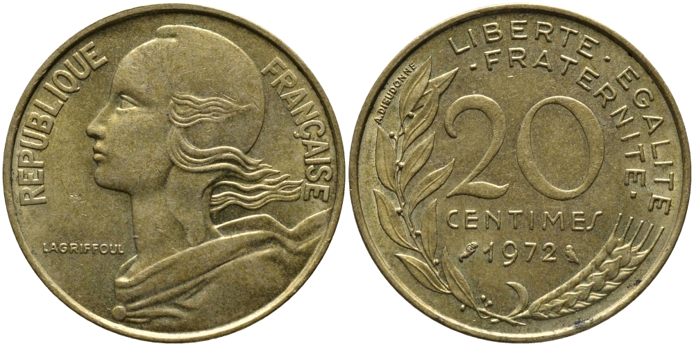 ФРАНЦИЯ 20 САНТИМОВ 1972 KM 930 медь алюминий никель 98-333