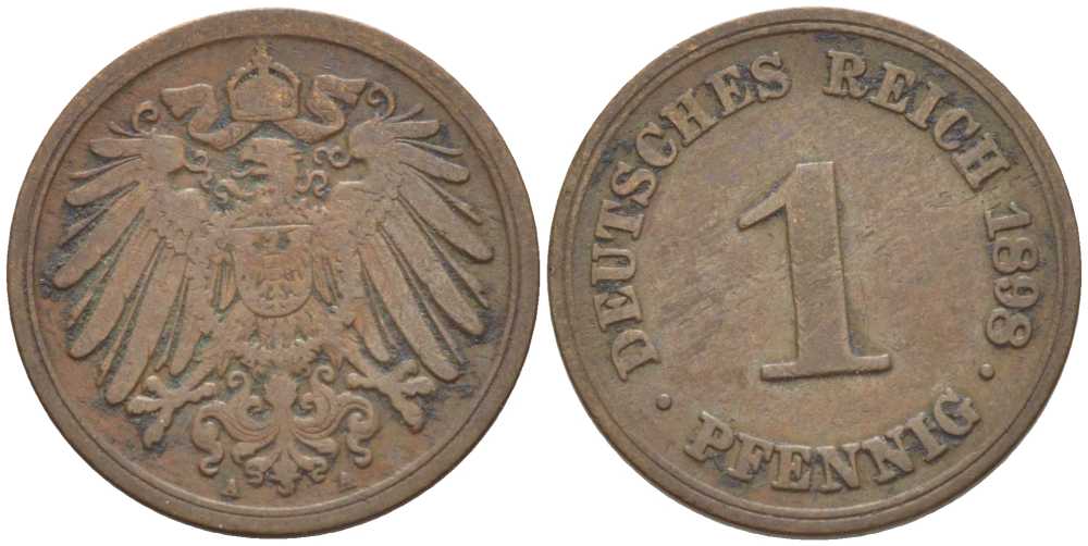 ГЕРМАНИЯ 1 ПФЕННИГ 1898 A KM 10, J. 10, Weege 2 медь 211-226