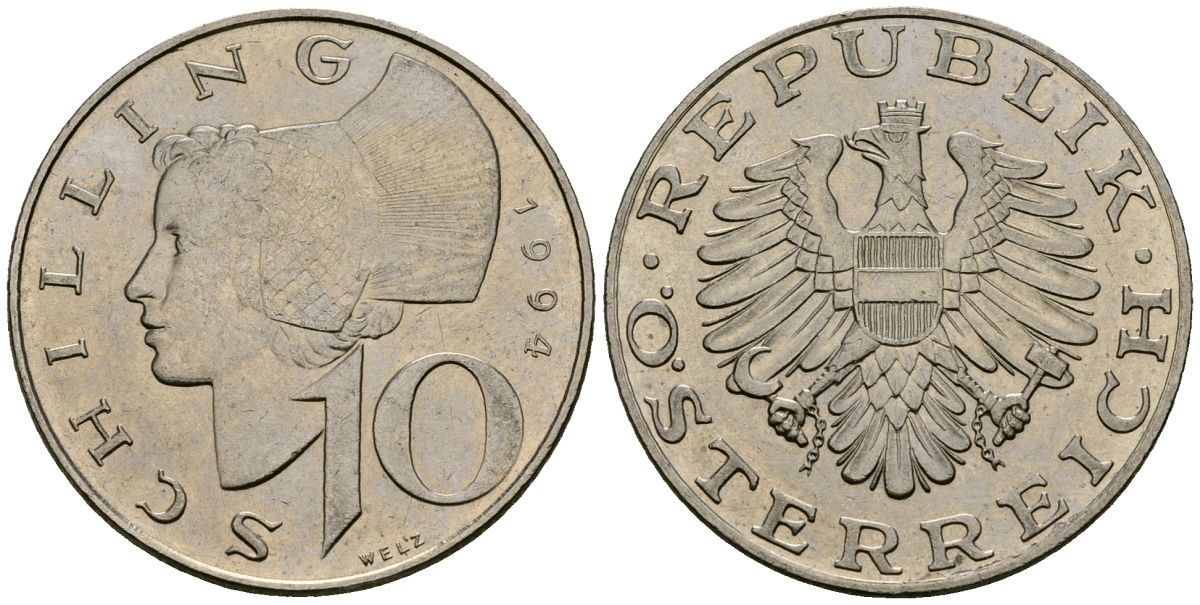 Австрия 10 шиллингов 1994 KM 2918 медно-никель 4167-455