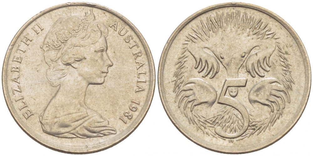 Австралия 5 центов 1981 Елизавета II (1952-2022), ехидна KM 64 медно-никель 3851-1133