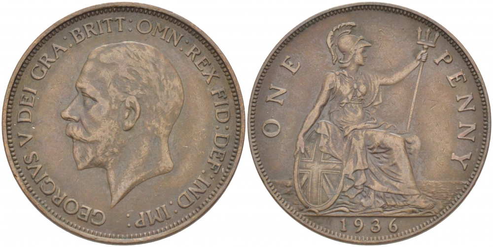Великобритания 1 пенни 1936 Георг V (1910-1936) KM 838, Spink 4055 бронза 215-324