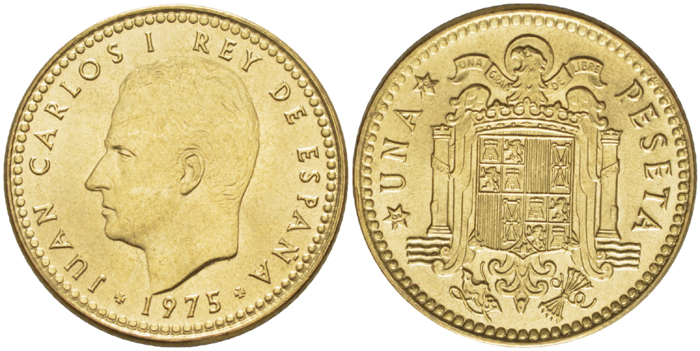 Испания 1 песета 1975 (79) Хуан Карлос I (1975-2014) KM 806 алюминиевая бронза UNC 216-421