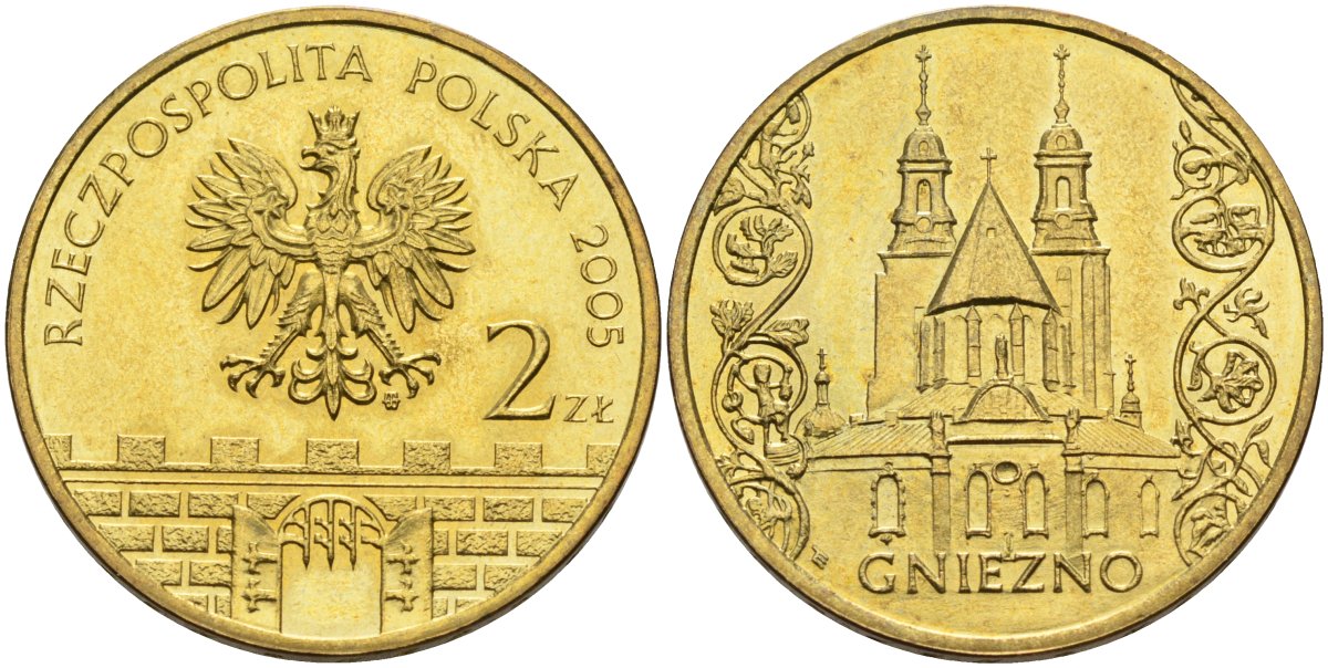Польша 2 злотых 2005 MW, серия исторические места, Гнезно (Gniegno), собор Девы Марии KM 564, Parchimowicz 956 нордик 4538-114