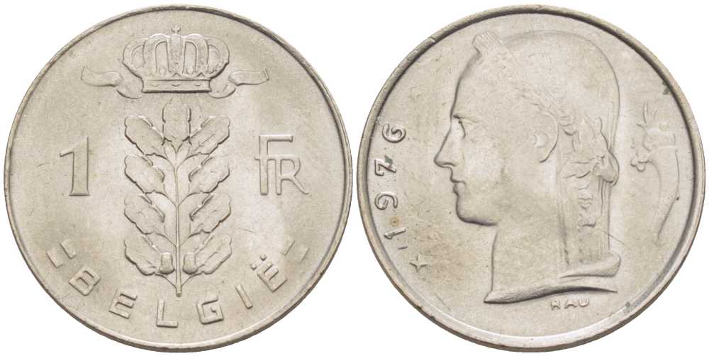 Бельгия 1 франк 1976 Belgie, Бодуэн I (1951-1993) KM 143.1 медно-никель 3856-542