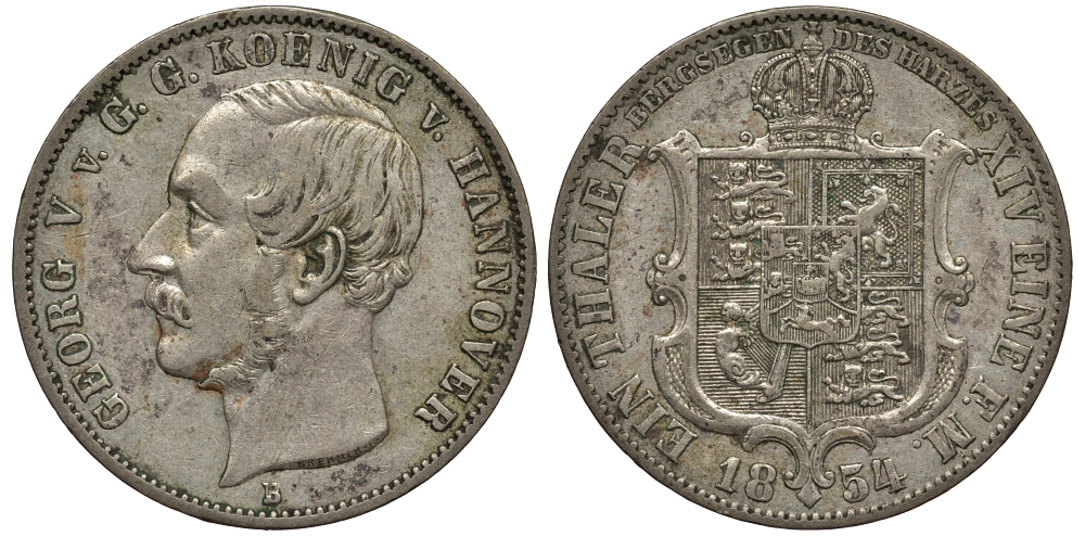 Брауншвейг-Каленберг-Ганновер 1 талер 1854 B, Георг V (1851-1866) КМ 220, Welter 3187, Thun 170, AKS 158, Jaeger 86, Kahnt 237, Davenport 678 серебро 1520-925