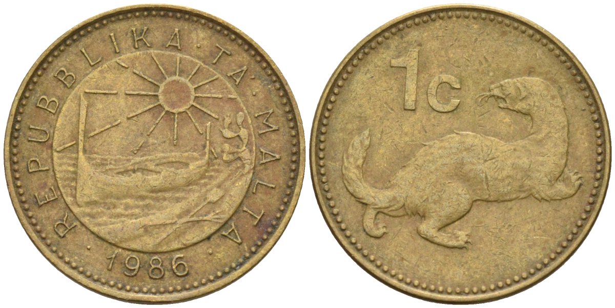 Мальта 1 цент 1986 ласка, горностай KM 78 никель латунь 4585-1124