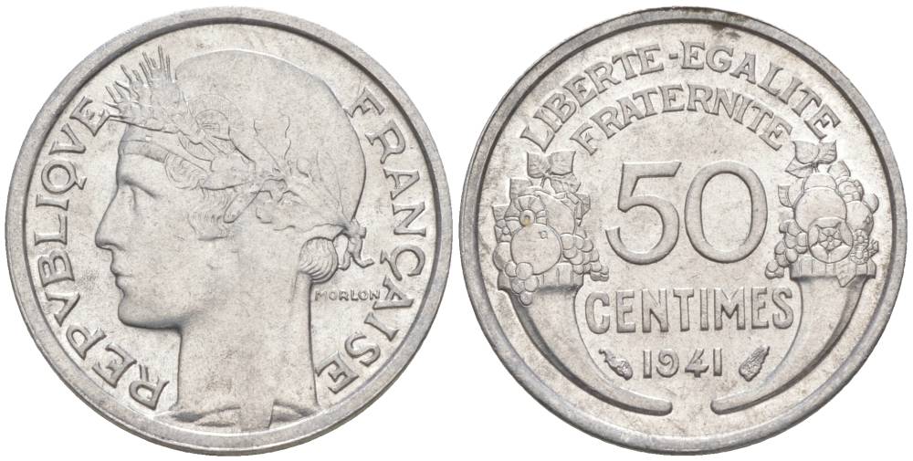 ФРАНЦИЯ 50 САНТИМОВ 1941 ТИП MORLON LOURDE KM 894.1a, LE FRANC 193.2 алюминий 44-332