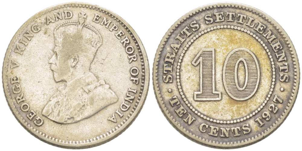 Стрейтс-Сетлментс 10 центов 1927 Георг V (1910-1936) KM 29b серебро 218-852