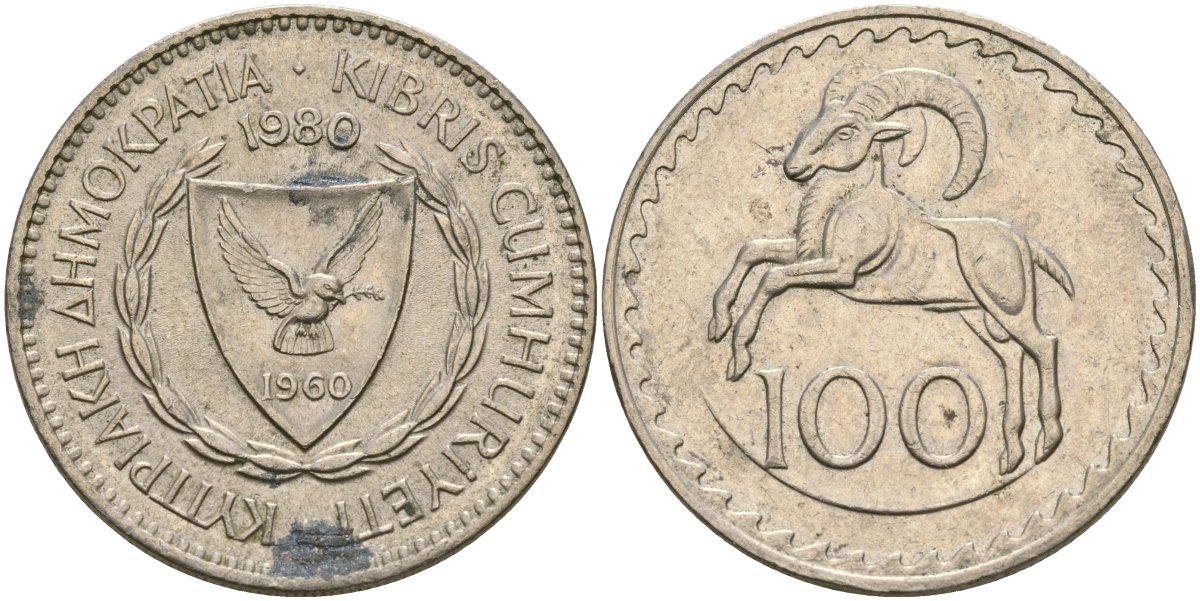 Кипр 100 милсов 1980 европейский муфлон KM 42 медно-никель 4168-621