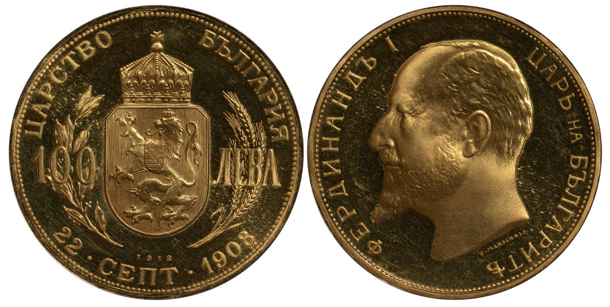 Болгария 100 левов 1912 Фердинанд I, официальный рестрайк 1967-1968 KM 34 золото PROOF 00-000-00