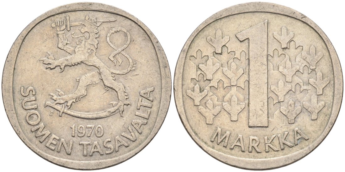 Финляндия 1 марка 1970 KM 49а медно-никель 4573-657