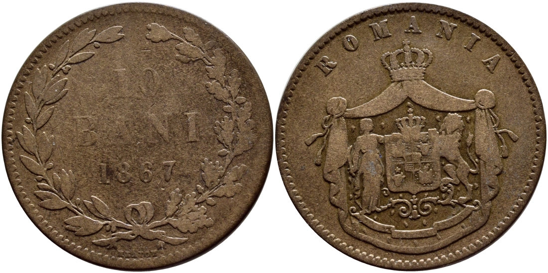 Румыния 10 бани 1867 монетный двор Heaton (Хитон), Кароль I как принц (1866-1881) KM 4.1 медь 4364-4233