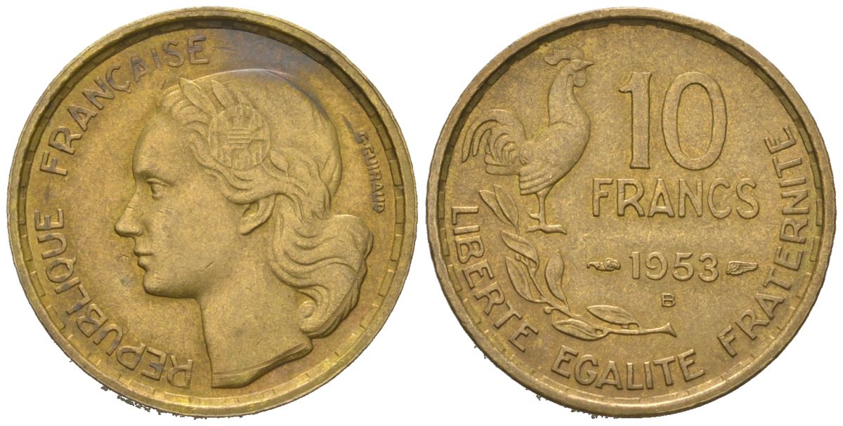 Франция 10 франков 1953 петух KM 915.1, Le Franc 363.8 алюминиевая бронза 4164-1161
