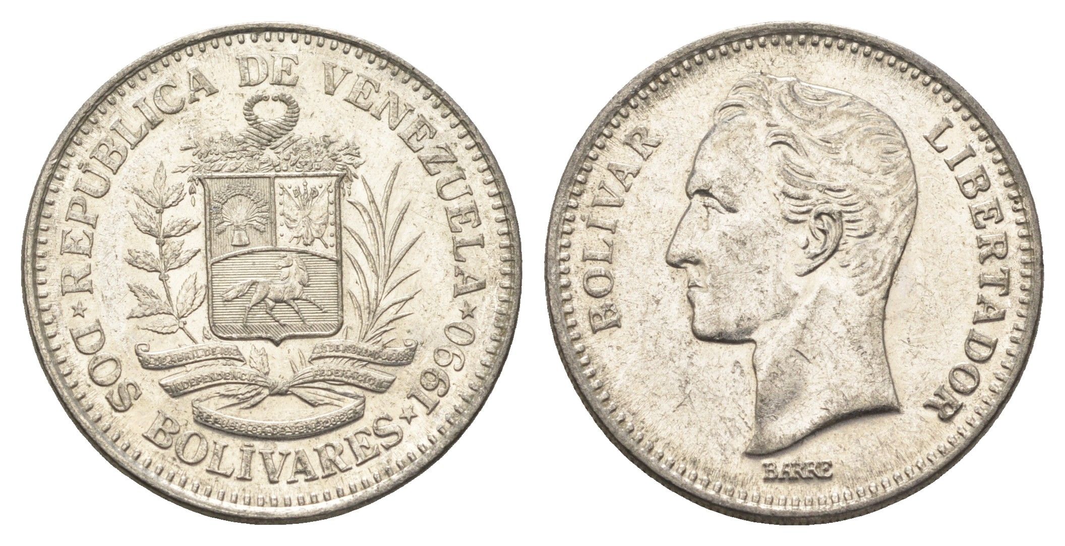 Венесуэла 2 боливара 1990 Симон Боливар Y 43a сталь плакированная никелем 4662-954