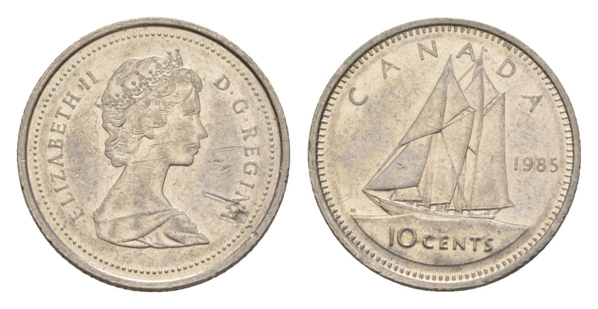 Канада 10 центов 1985 Елизавета II (1952-2022), парусник KM 77 никель 4630-835