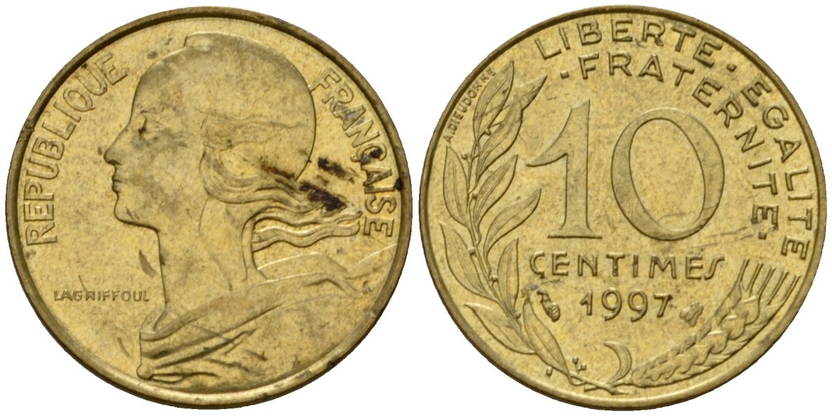 Франция 10 сантимов 1997 тип Marianne KM 929 алюминиевая бронза 4390-1032