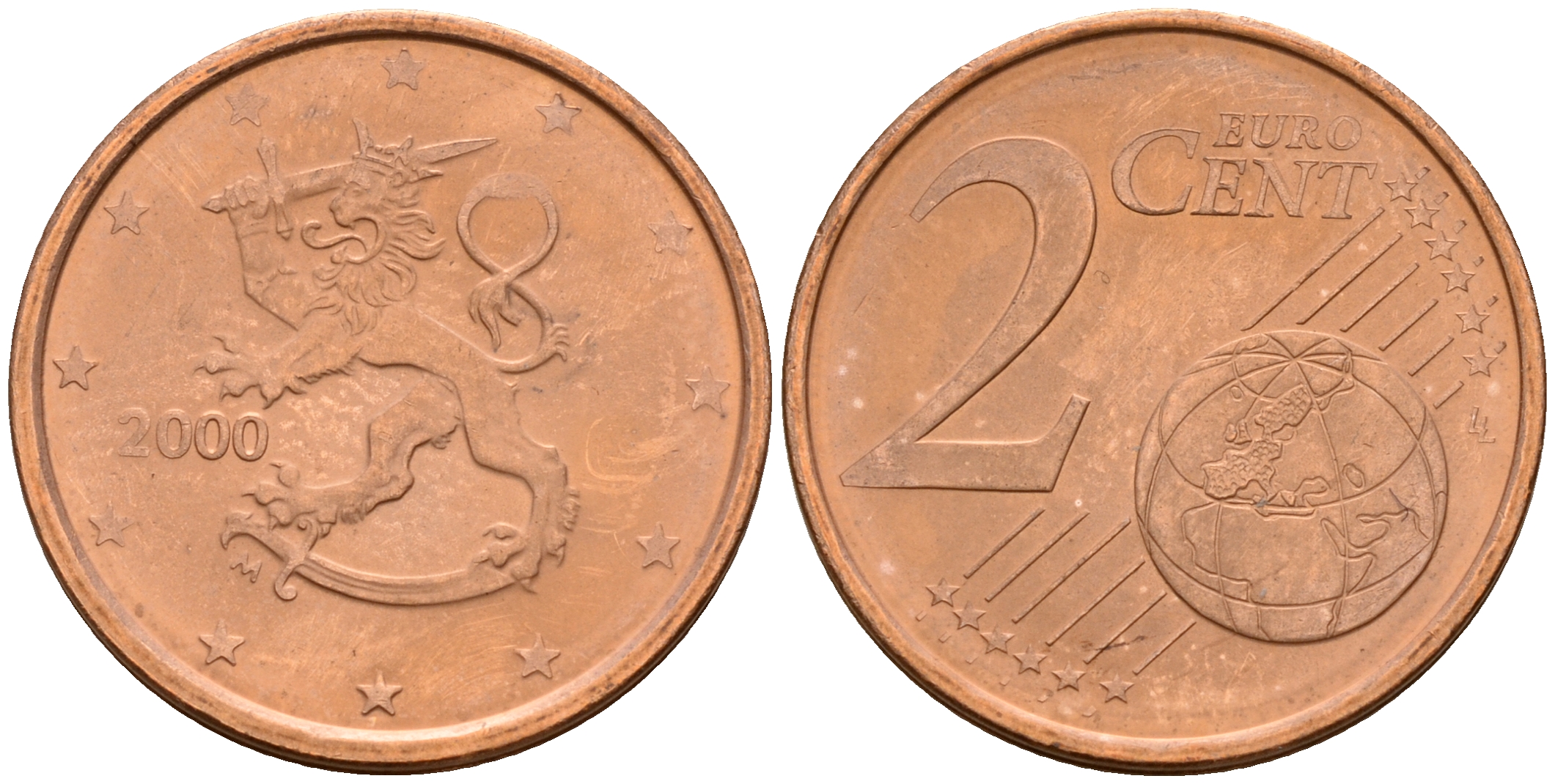 Финляндия 2 евроцента 2000  KM 99 сталь плакированная медью  UNC  4564-363