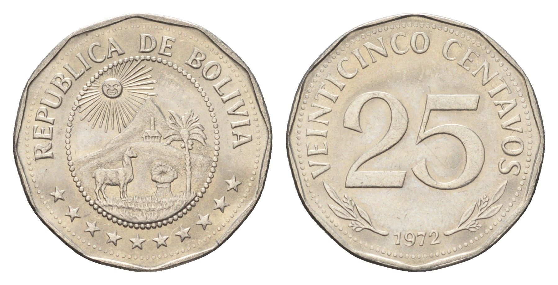 Боливия 25 сентаво 1972 KM 193 сталь плакированная никелем UNC 4659-1262