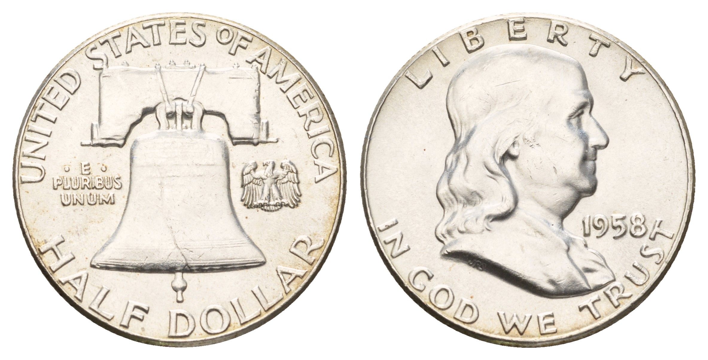 США 1/2 доллара (50 центов) 1958 Бенджамин Франклин, тип - 2, колокол KM 199 серебро aUNC 1529-431