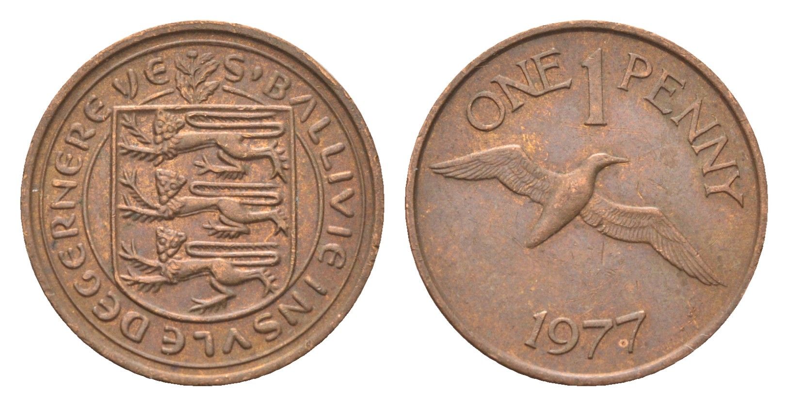 Гернси 1 пенни 1977 Елизавета II (1952-2022), северная олуша в полете KM 27 бронза 4702-722
